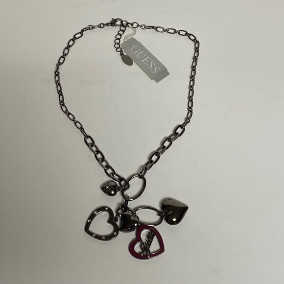Guess Silver-Tone Heart Charm Necklace With Pink Enamel & Rhinestone Accents For - Picture 3 of 9